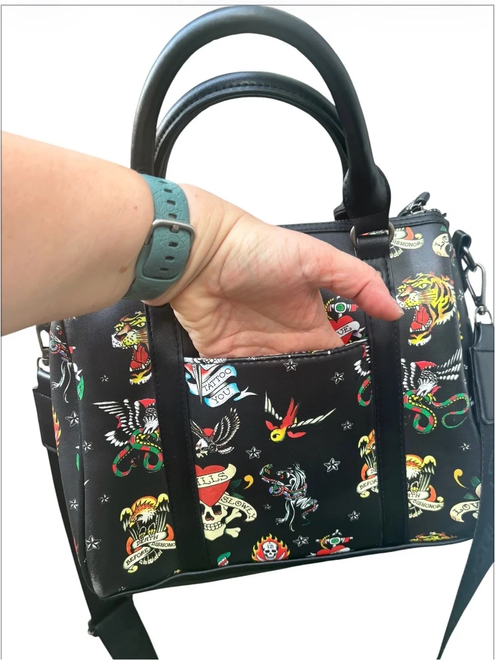 Ed Hardy Black Tattoo Flash Print Satchel Crossbody Bag Street Style Whimsygoth